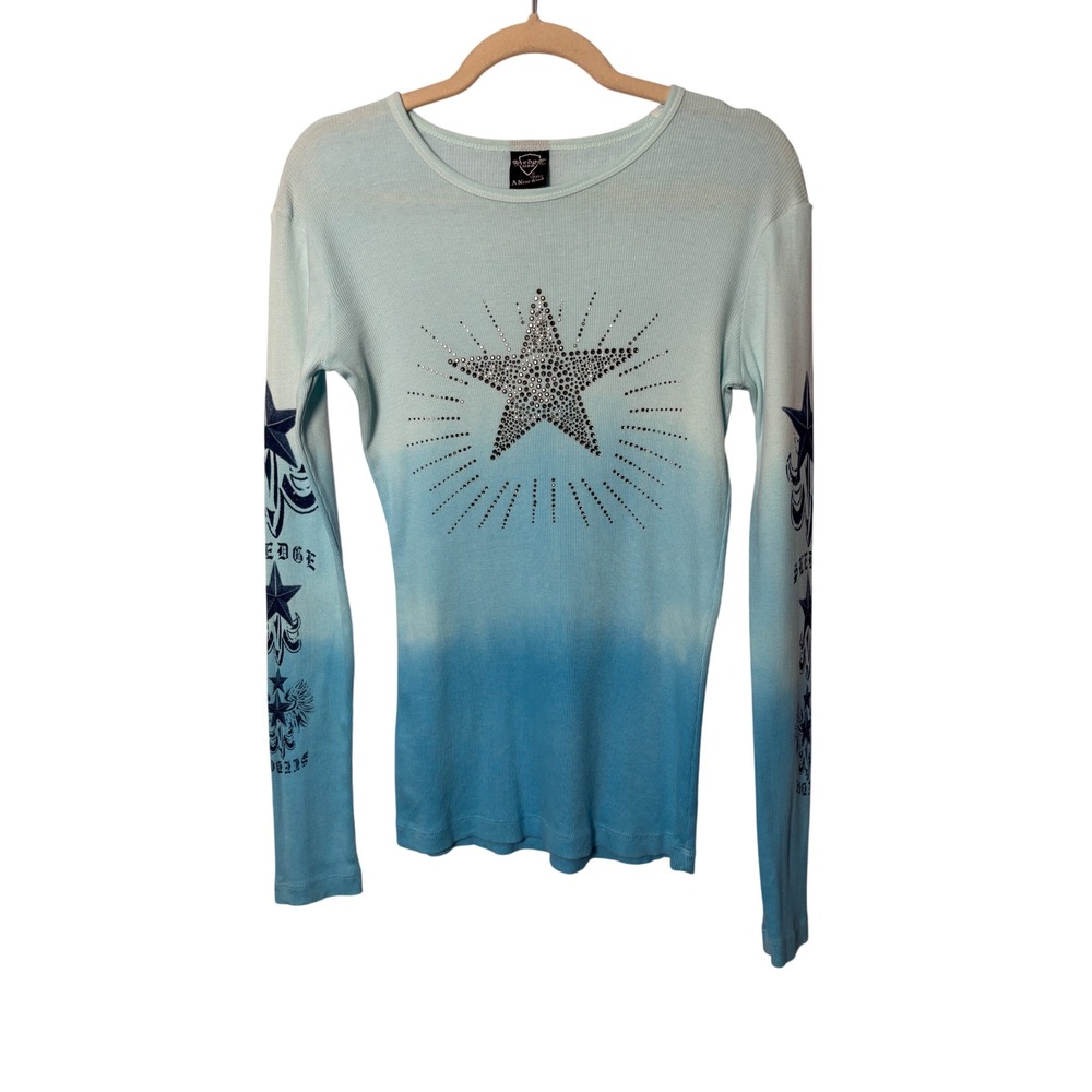 Sledge USA Womens Top Small Blue Ombre Rhinestone Star Graphic Y2K Cyber Grunge